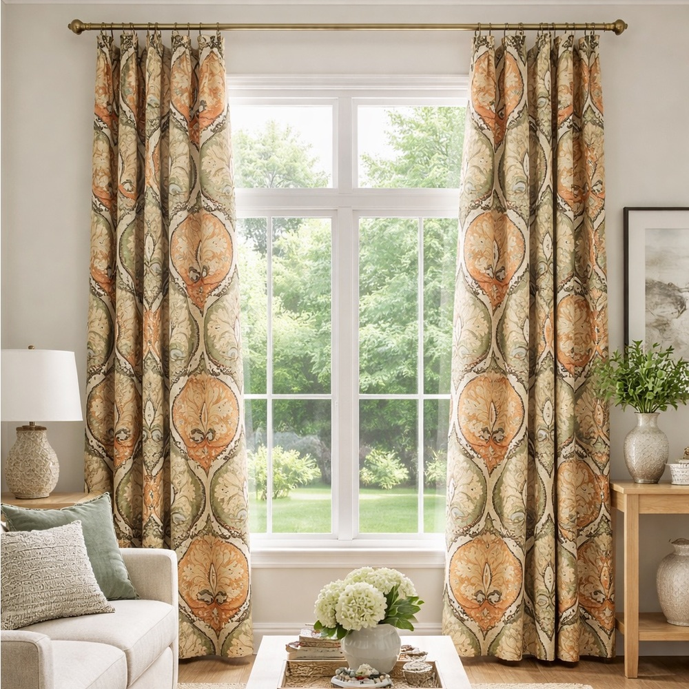 Designer Brunschwig & Fils Mediterranean Drapes 9’ Interlined pinch pleat 1